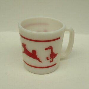 Hazel Atlas Milk White with Red FARM ANIMALS 3 1/8 Inch High Childs Handled Mug